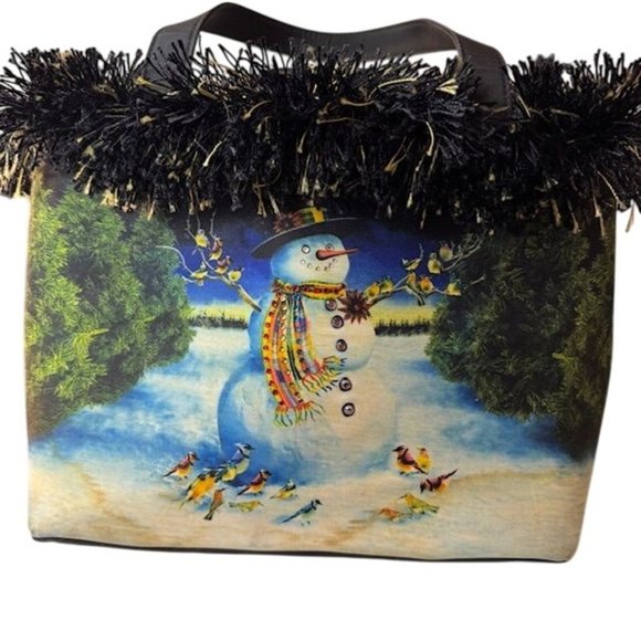 Festive Snowman Winter Handbag With Black Fringe & Dual Handles - Picture 1 of 10